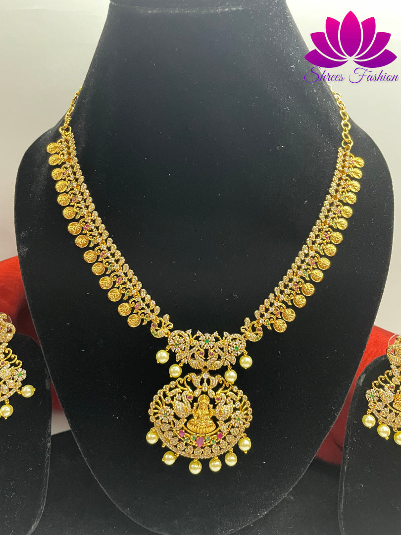 Elegant Matte Gold Finish Temple Design Kasu Necklace: A Divine Adornment | Shrees Fashion