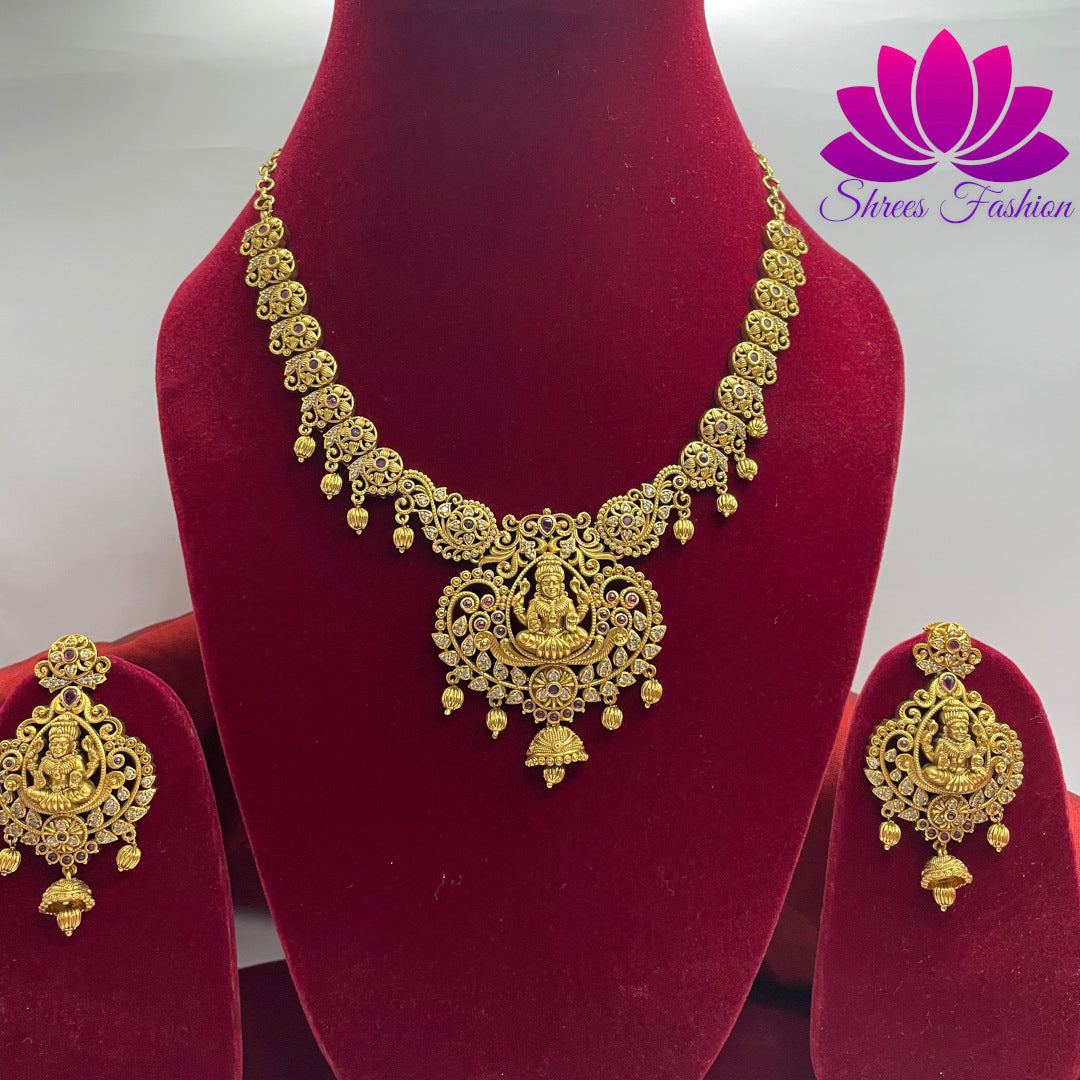 Graceful Temple-Inspired Matte Finish Necklace Set with Elegant Earrings | Shrees Fashion