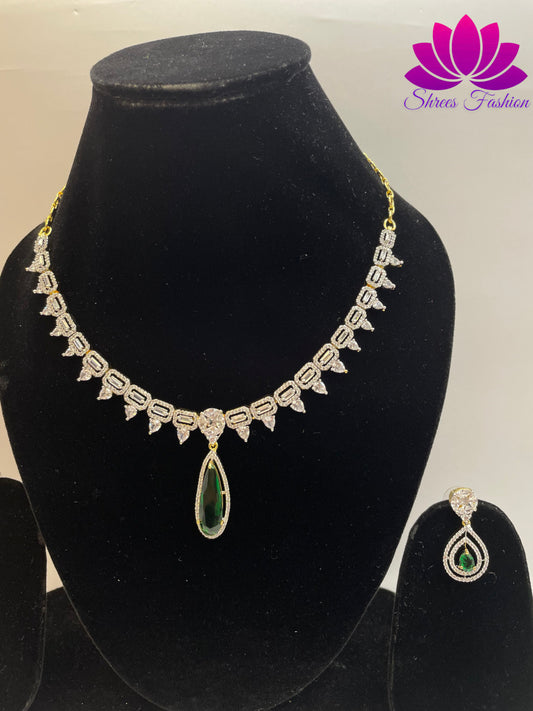 Gilded Elegance Gold-Plated American Diamond Necklace with Central Green Stone Accent | Shrees Fashion