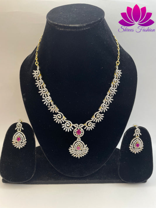 Radiant Elegance Gold-Plated American Diamond Necklace with Central Pink Stone | Shrees Fashion