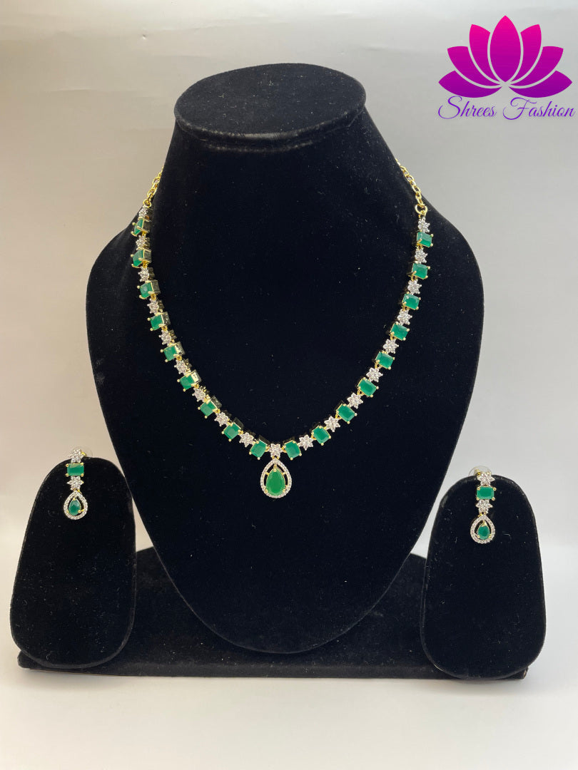 Floral Radiance Gold-Plated American Diamond Necklace with Delicate Flower Design and Green & White Stones | Shrees Fashion
