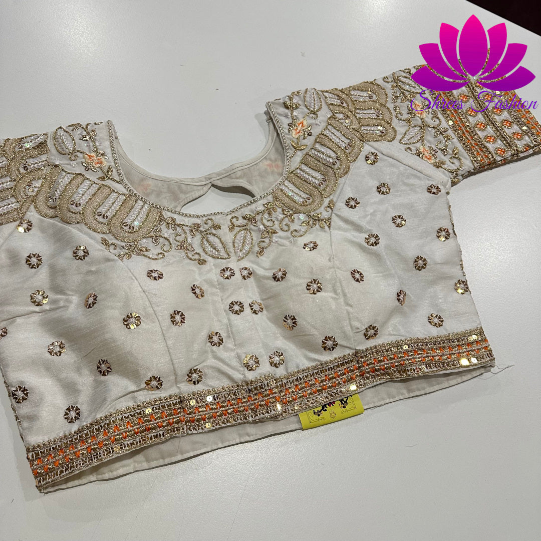 Gilded Grace: White Silk Blouse with Gold Zari Full Work | Shrees Fashion