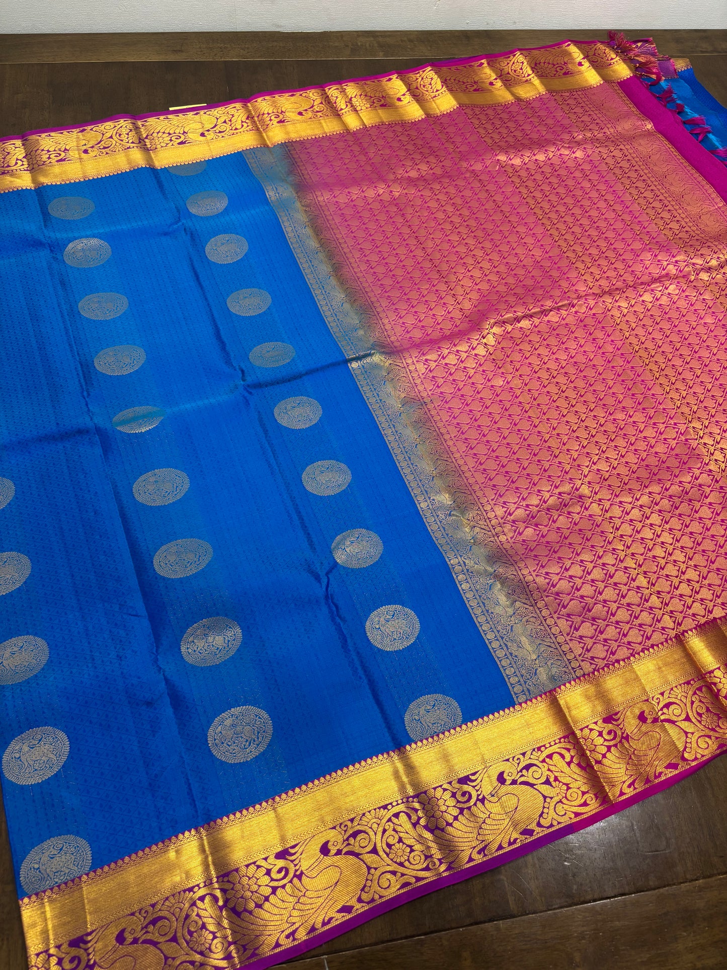 Copper Sulphate Blue & Rani Pink Kanchipuram Silk Saree – Vibrant Heritage Elegance