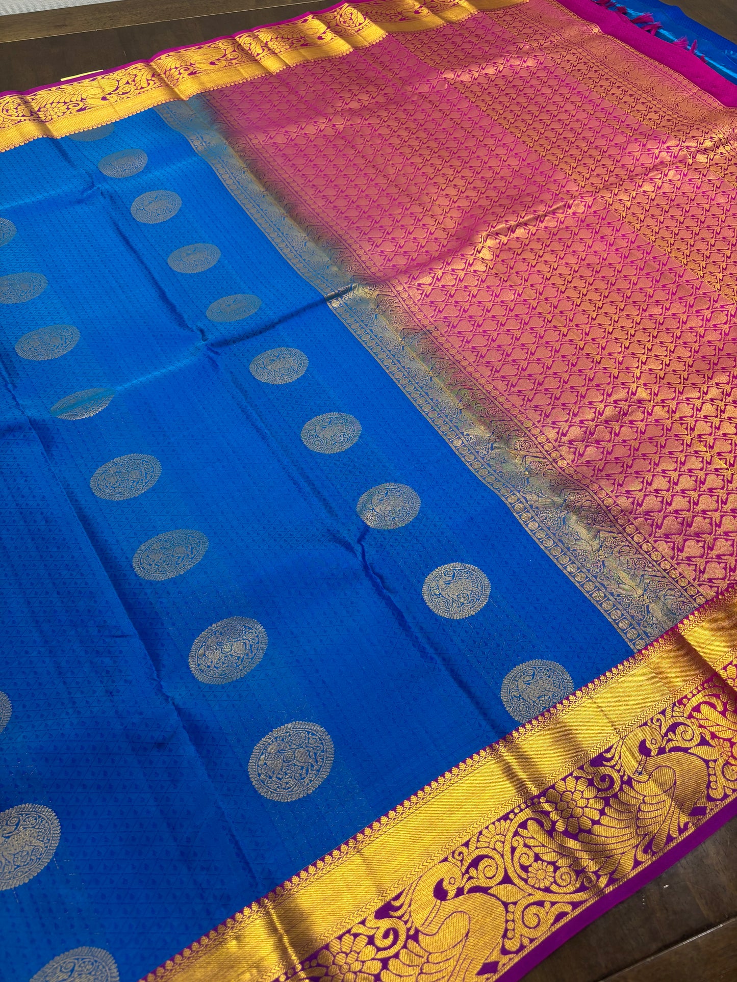 Copper Sulphate Blue & Rani Pink Kanchipuram Silk Saree – Vibrant Heritage Elegance