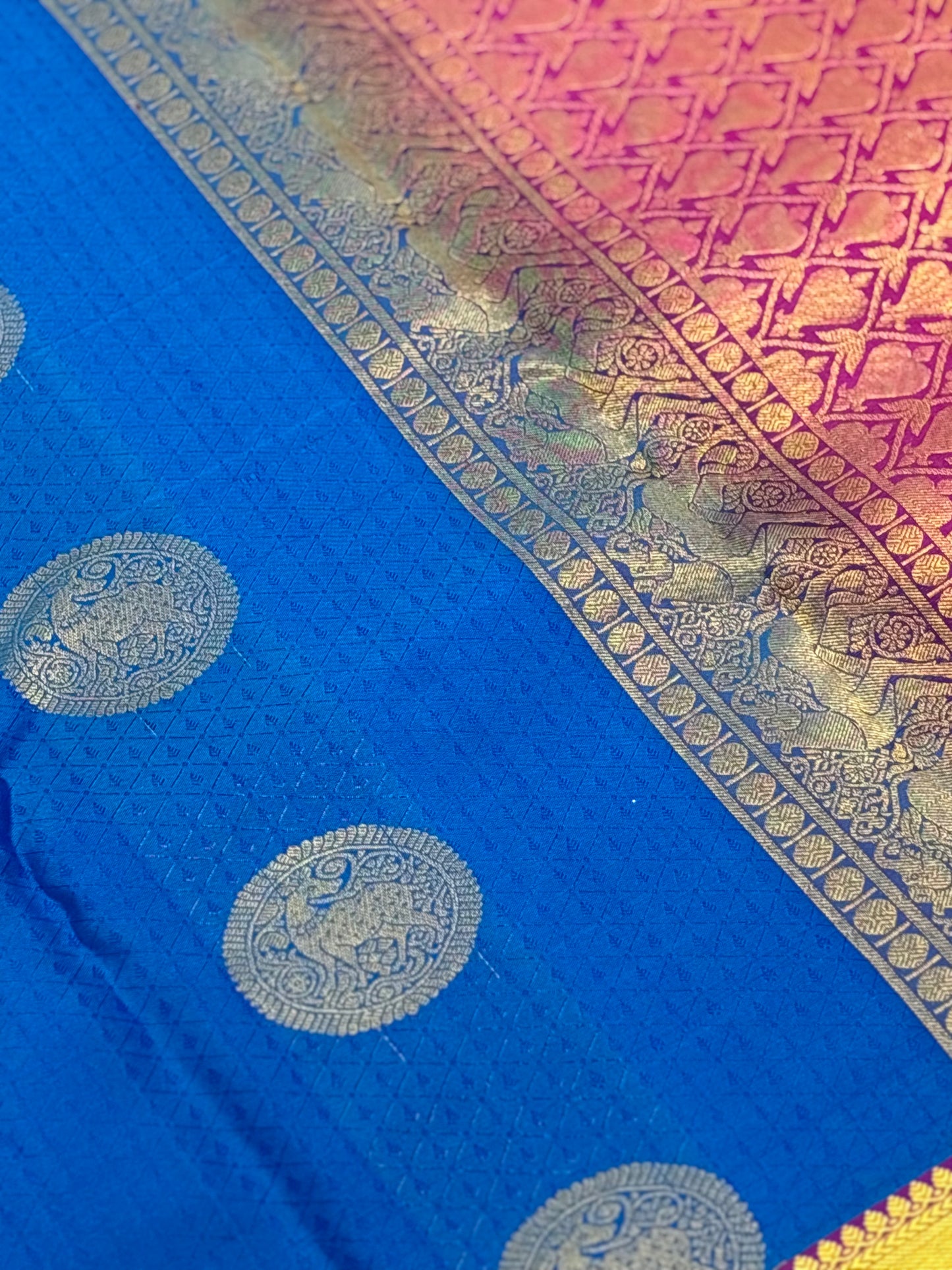 Copper Sulphate Blue & Rani Pink Kanchipuram Silk Saree – Vibrant Heritage Elegance