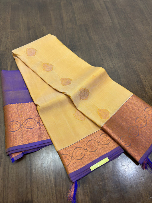 Gold Silk Saree with Purplish Blue Contrast Border & Pallu