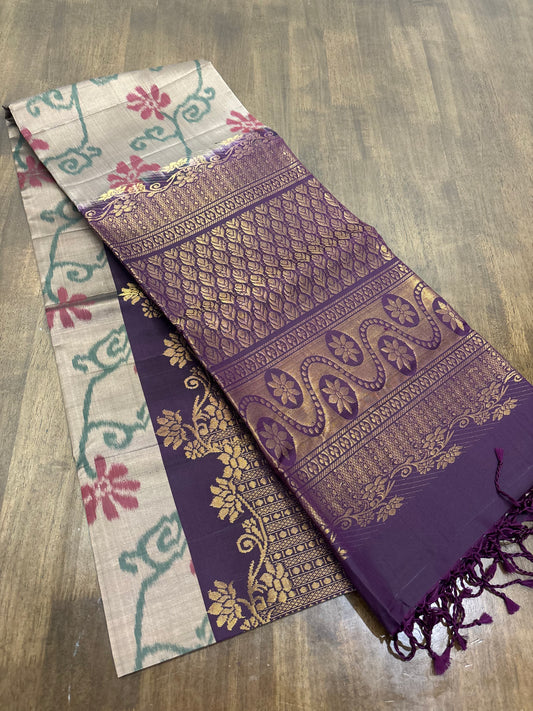Light Brown Kanchipuram Silk Saree with Plum Accents & All-Over Floral Print