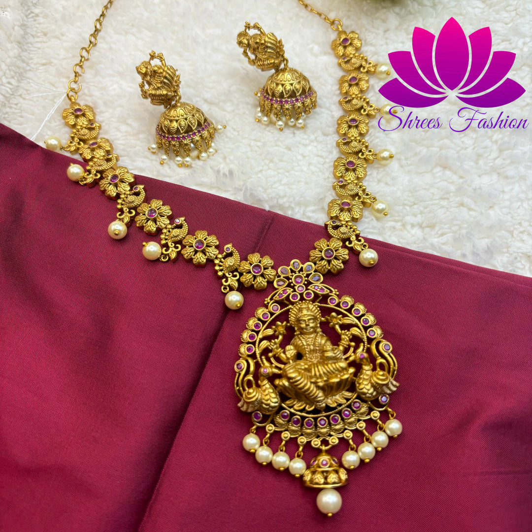 Matte Gold Finish Necklace with Temple Design Pendant
