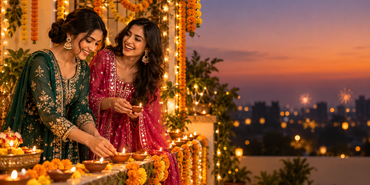 Women in festive salwar suits and sharara sets lighting diyas on Diwali evening - Shrees Fashion Melbourne