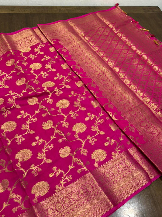 Blush Bloom Pink Banarasi Semi Georgette Silk Saree with Unstitched Blouse
