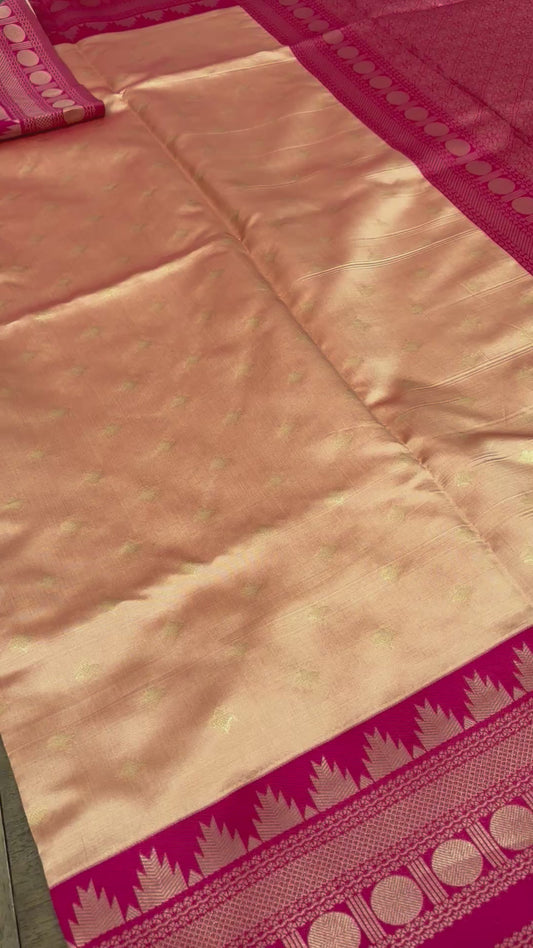 Beautiful Peach Gold Saree with Rani Pink Temple Zari Border & Blouse Piece Included