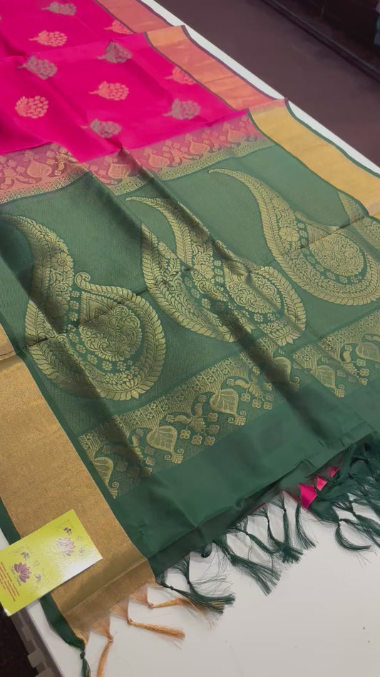 Handwoven Kanchipuram Silk Saree in Rani Pink and Bottle Green with Gold Zari Work