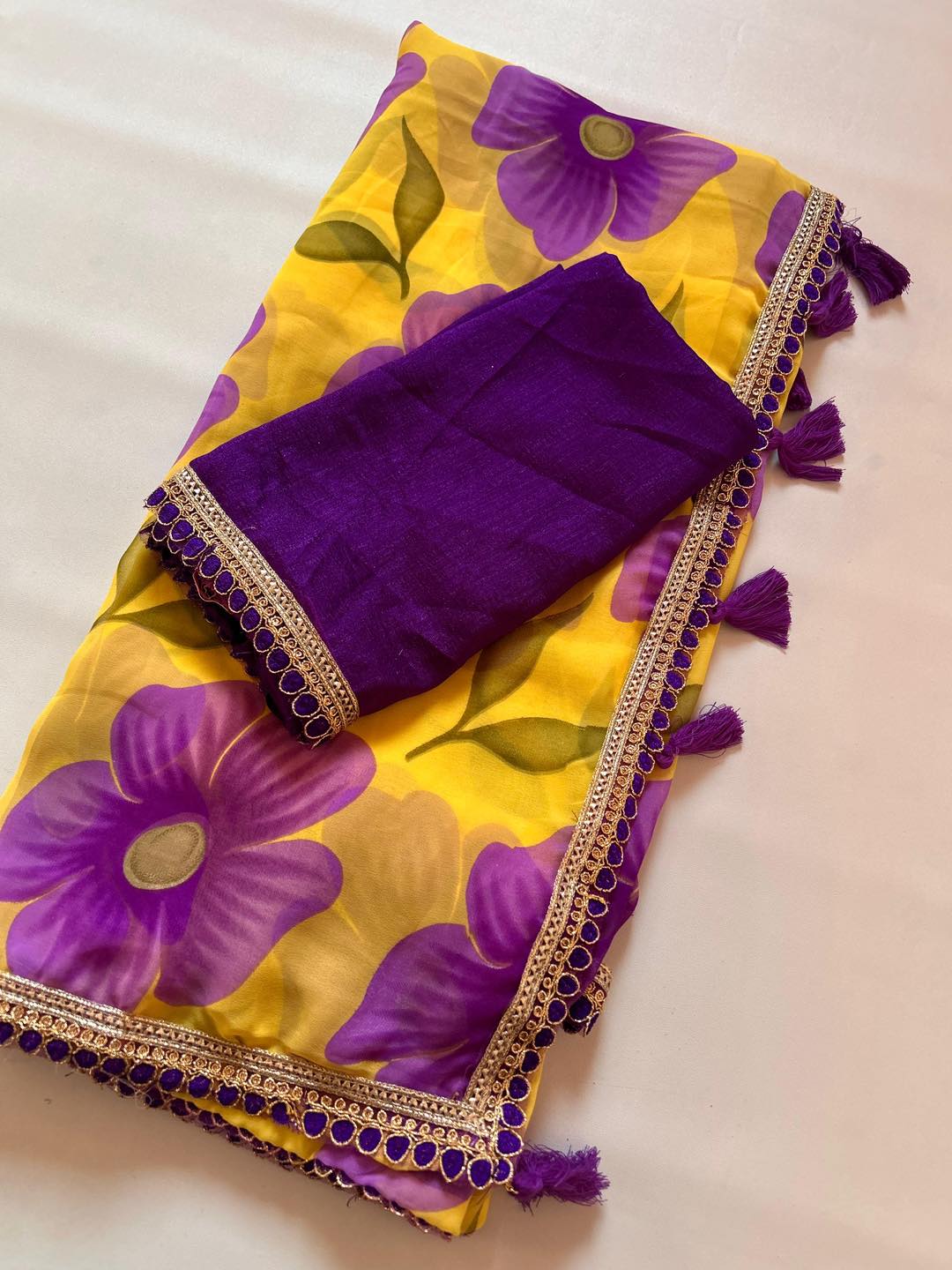 Sunlit Bloom Yellow Georgette Saree with Purple Floral Print